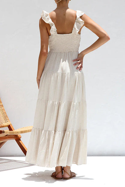 V-hals maxi-jurk met ruches voor dames in linnenmix – Elviera
