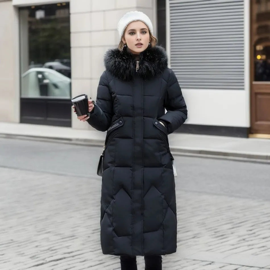 Lange winterjas met bontmuts voor dames – Yara