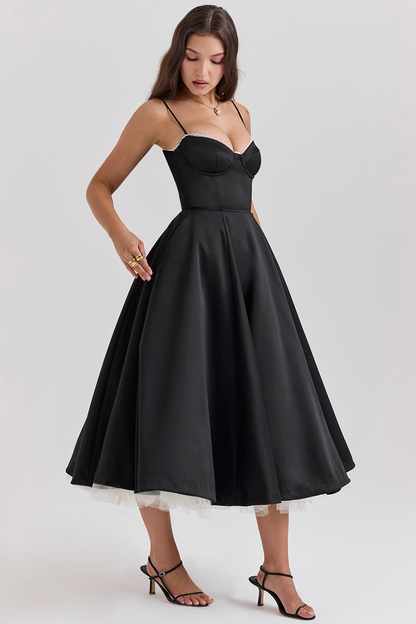 Satijnen midi jurk met tule en sweetheart hals – Isla