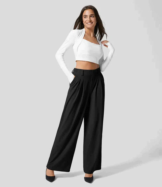 High-waist wide-leg broek met stretch en structuur – Olira