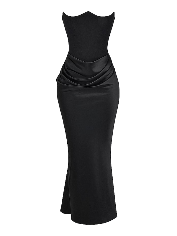 Strapless satijnen maxi-jurk met drapering – Rosalind