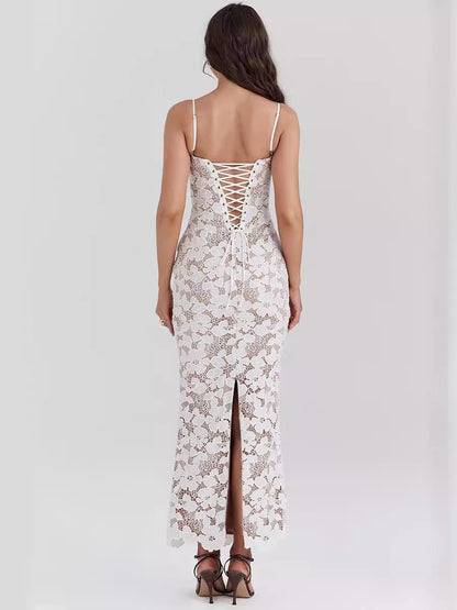 Luxe kanten maxi jurk met bloemenmotief – Leyla