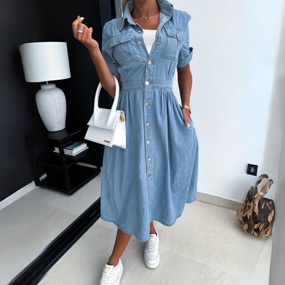 Denim midi-jurk voor dames met knoopsluiting – Ravela