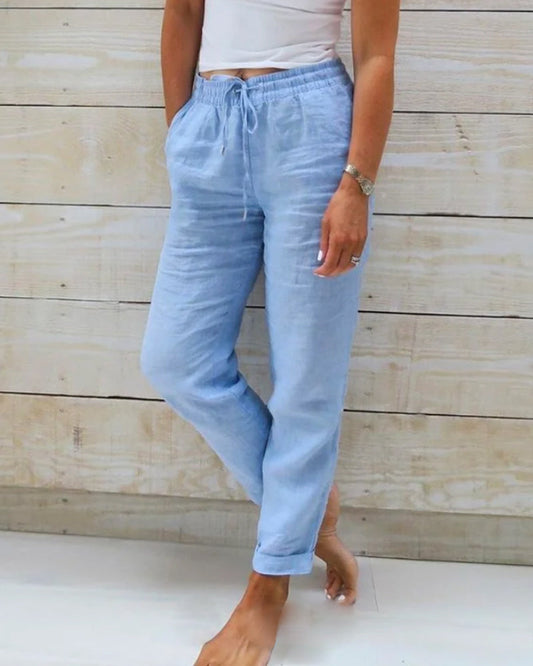 Lichte damesbroek met elastische taille en linnenmix – Susan