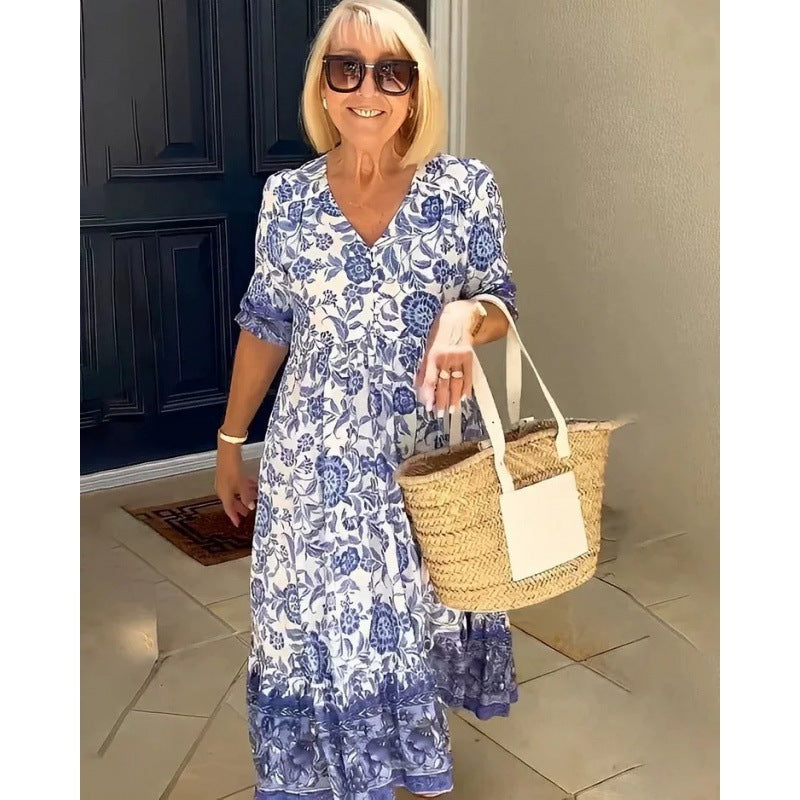 Boho Maxi Jurk Bloemenprint V-Hals Zomer – Solvaya