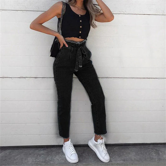 High Waist Damesjeans met Riem en Elegante Twist – Amaya