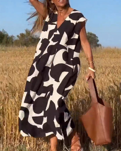 Dames Gedrukte Zomerjurk V-hals Elegant Comfort – Serina