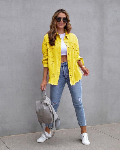 Oversized Denim Jas voor Dames met Ruwe Details – Jinxie