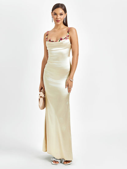 Satijnen maxi jurk met bloemenbandjes en drapering – Evelisse