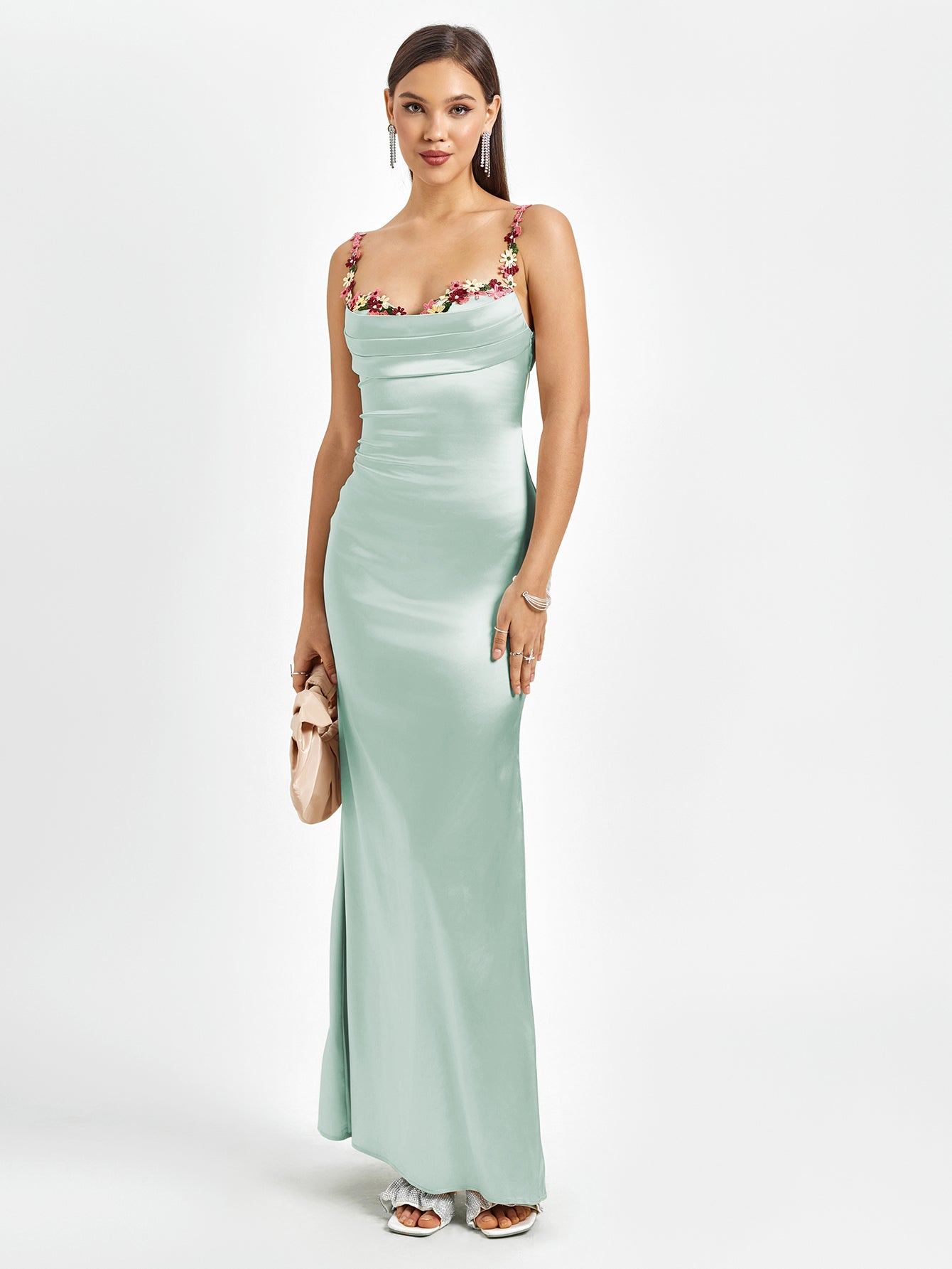 Satijnen maxi jurk met bloemenbandjes en drapering – Fiorella