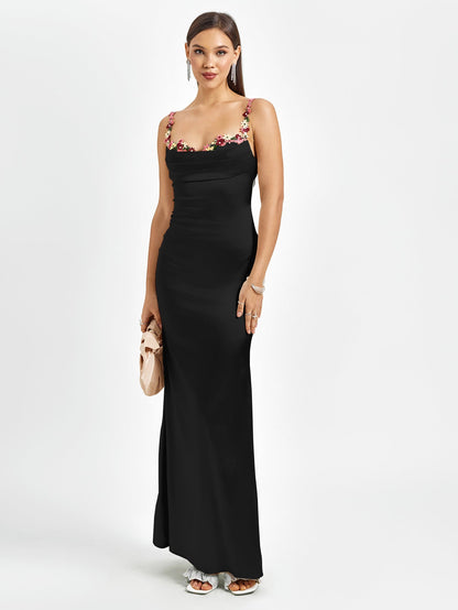 Satijnen maxi jurk met bloemenbandjes en drapering – Fiorella