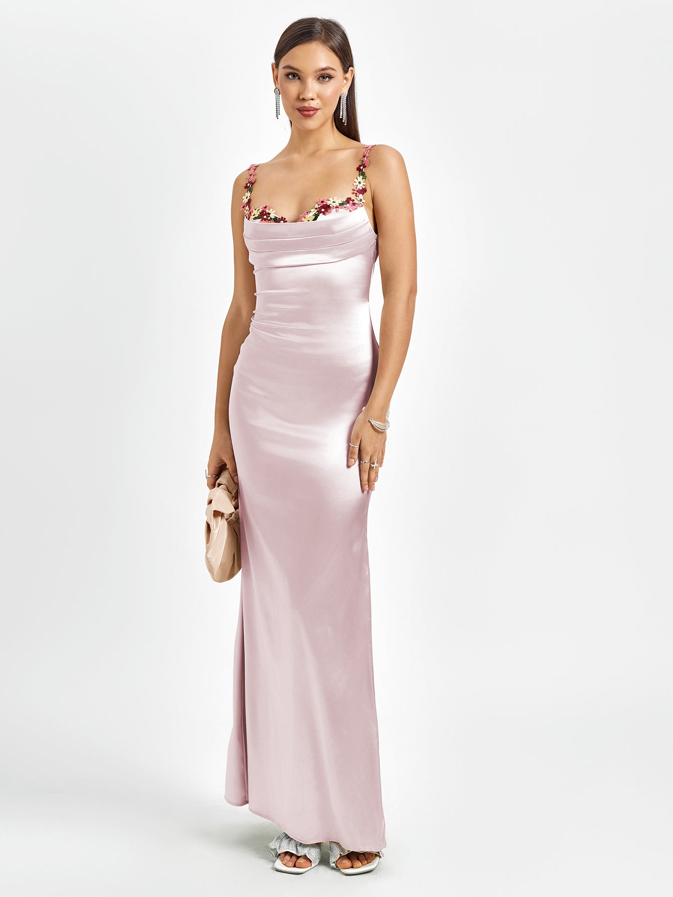 Satijnen maxi jurk met bloemenbandjes en drapering – Evelisse