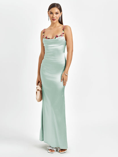 Satijnen maxi jurk met bloemenbandjes en drapering – Evelisse