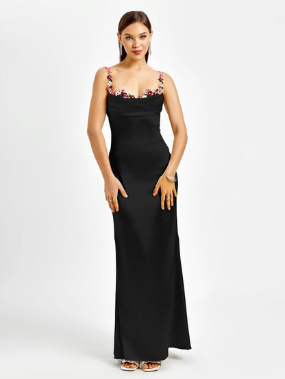 Satijnen maxi jurk met bloemenbandjes en drapering – Evelisse