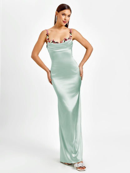 Satijnen maxi jurk met bloemenbandjes en drapering – Fiorella