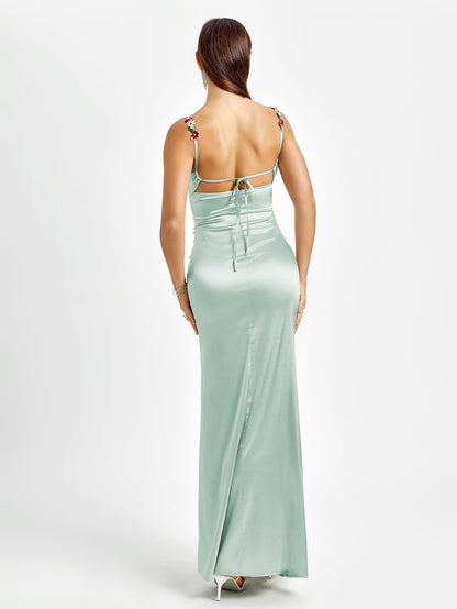 Satijnen maxi jurk met bloemenbandjes en drapering – Evelisse