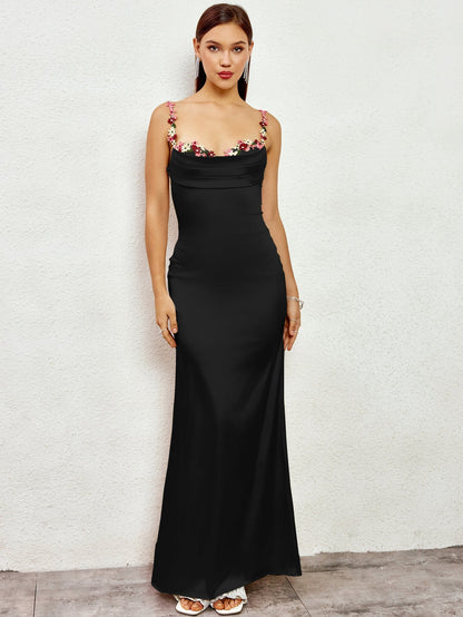 Satijnen maxi jurk met bloemenbandjes en drapering – Evelisse