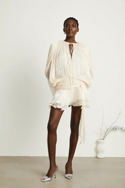 Flowy maxi jurk met ballonmouwen en taille dames – Avina