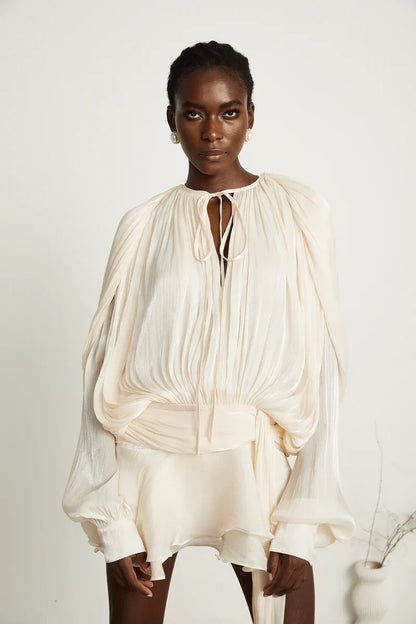 Flowy maxi jurk met ballonmouwen en taille dames – Avina