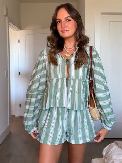 Gestreepte zomerset met ruffle top en short – Zoë