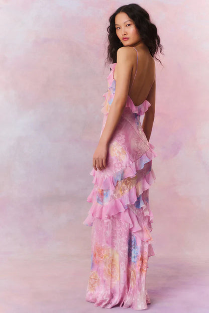 Boho maxi jurk met bloemenprint en ruches dames – Elvira