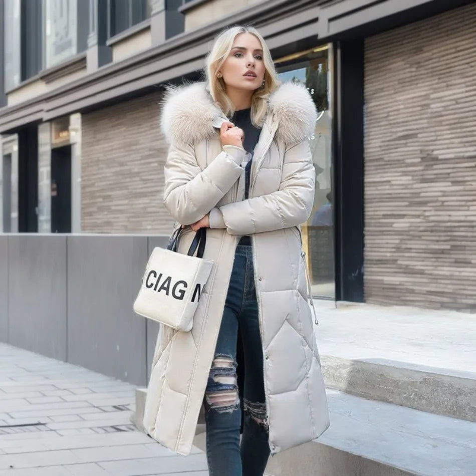 Lange winterjas met bontmuts voor dames – Yara