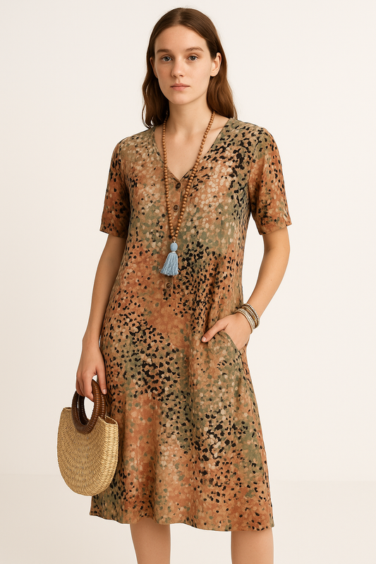 Bloemen midi-jurk met wikkeldesign en ademend comfort – Sabine