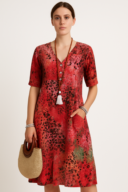 Bloemen midi-jurk met wikkeldesign en ademend comfort – Sabine
