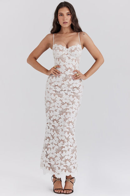 Luxe kanten maxi jurk met bloemenmotief – Leyla