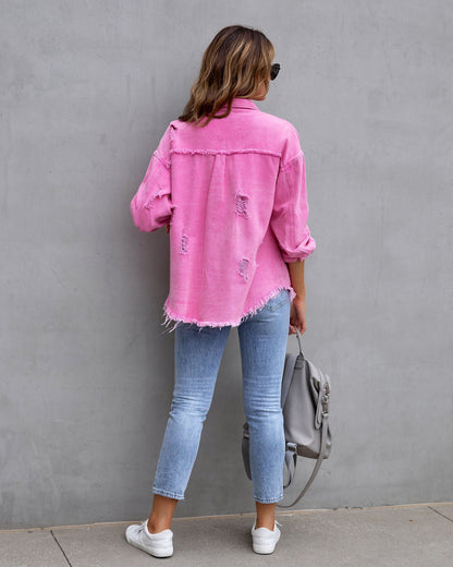 Oversized Denim Jas voor Dames met Ruwe Details – Jinxie
