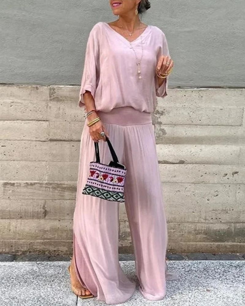 Vloeiende dames set met V-hals blouse en losse broek - Amalia