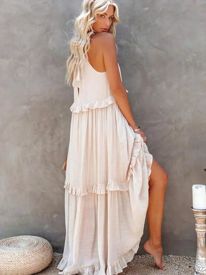 Maxi Halterjurk met Ruffles en Elegante Pasvorm – Sarah