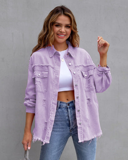 Oversized Denim Jas voor Dames met Ruwe Details – Jinxie