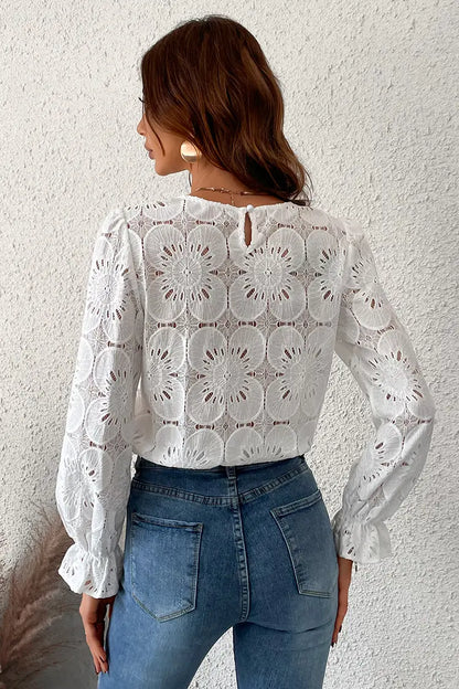 Witte bloemenblouse met trompetmouwen – Elise