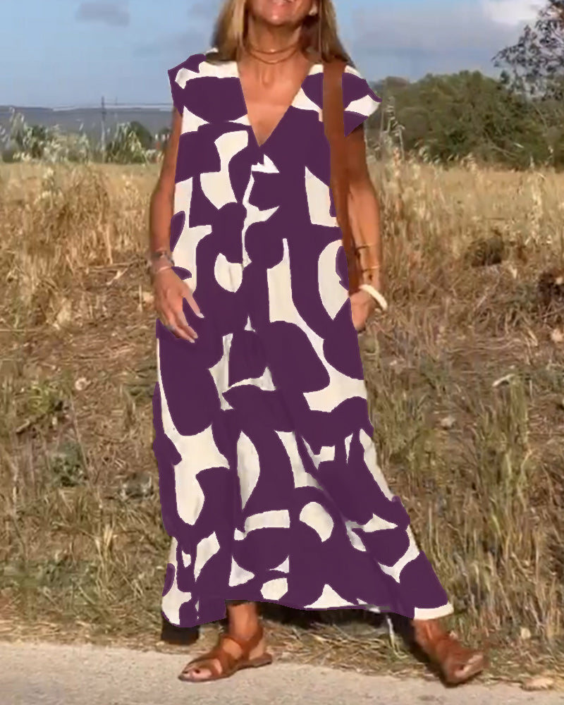 Dames Gedrukte Zomerjurk V-hals Elegant Comfort – Serina