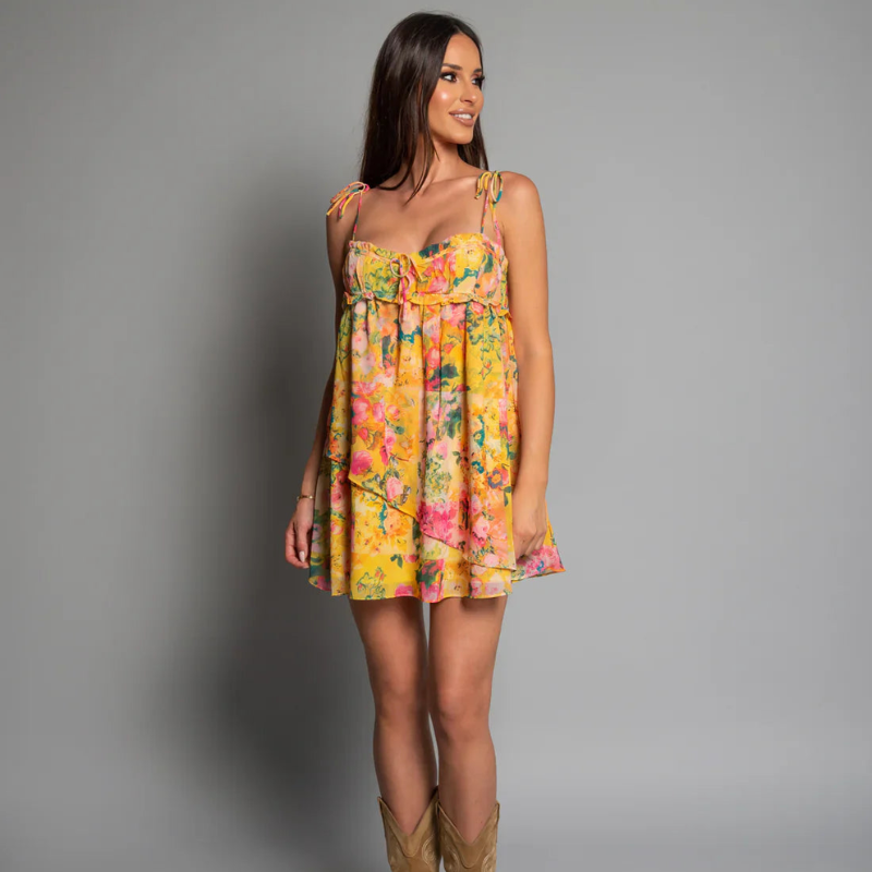 Chiffon midi jurk met strokenrok en trekkoord mouwen – Calista