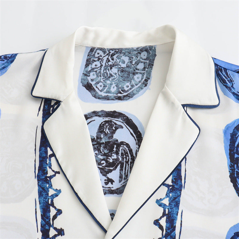 Blouse en broek set met Delfts blauwe print – Noor