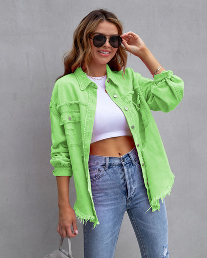 Oversized Denim Jas voor Dames met Ruwe Details – Jinxie