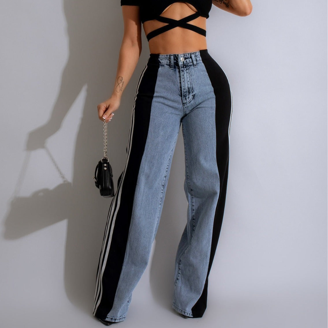 Trendy Wijde Denim Broek Met Strepen – Apple
