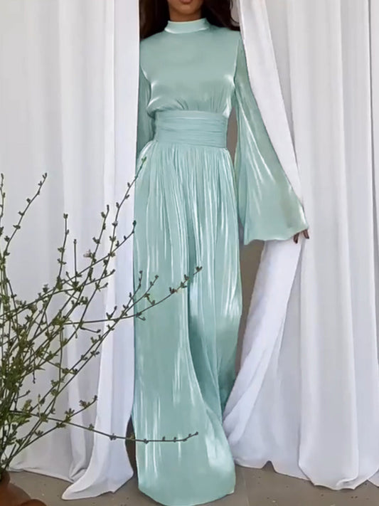 Lange elegante jurk met ceintuur en plooidetails – Emma