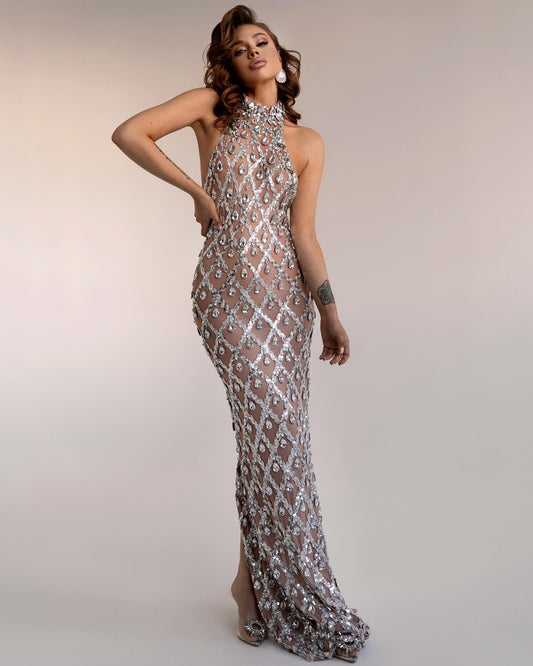 Kristallen mesh maxi jurk met handgemaakte details dames – Elenora