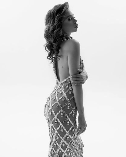 Kristallen mesh maxi jurk met handgemaakte details dames – Elenora
