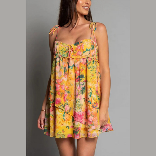 Chiffon midi jurk met strokenrok en trekkoord mouwen – Calista