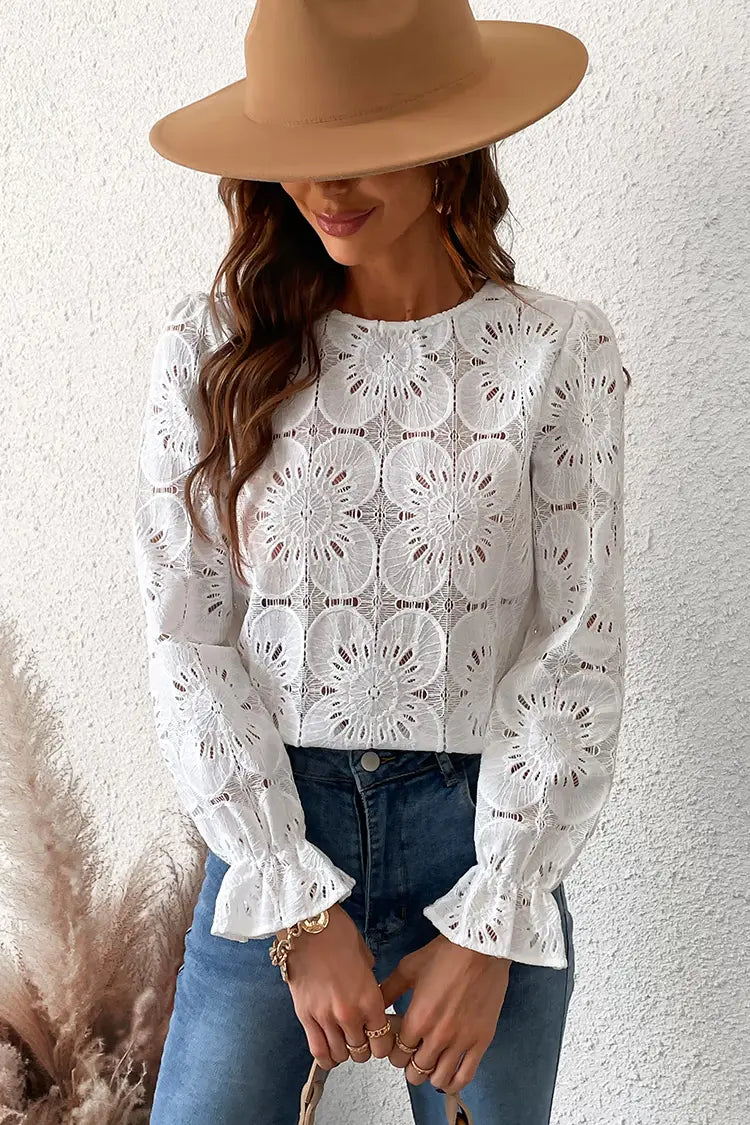 Witte bloemenblouse met trompetmouwen – Elise