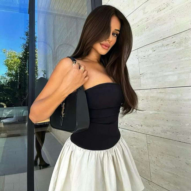 Mini jurk strapless met contrasterende rok – Elise