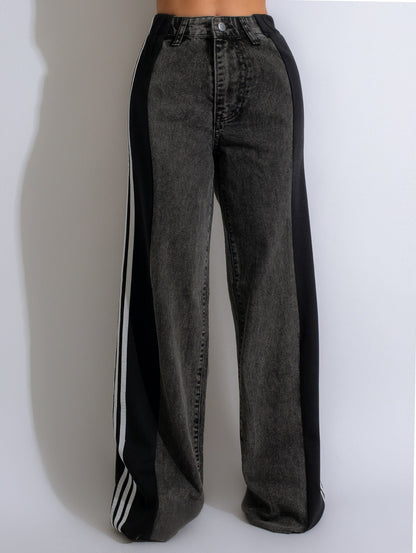 Trendy Wijde Denim Broek Met Strepen – Apple