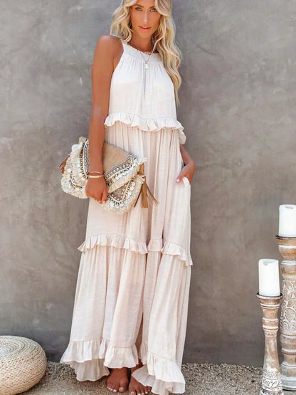 Maxi Halterjurk met Ruffles en Elegante Pasvorm – Sarah