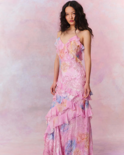 Boho maxi jurk met bloemenprint en ruches dames – Elvira