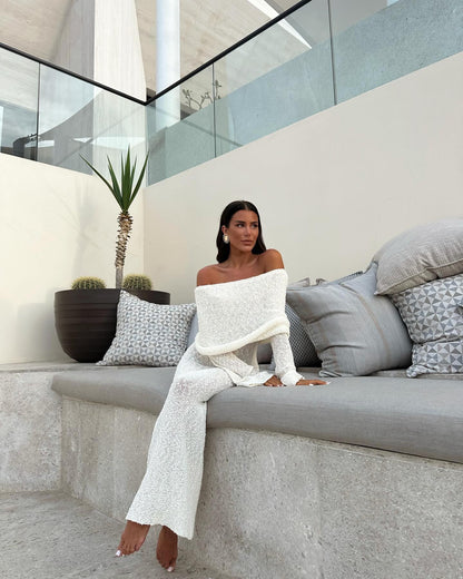 Off shoulder maxi jurk bouclé met flared mouwen – Noelle