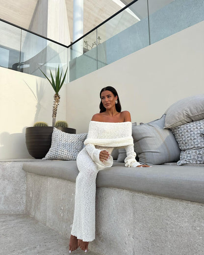 Off shoulder maxi jurk bouclé met flared mouwen – Noelle